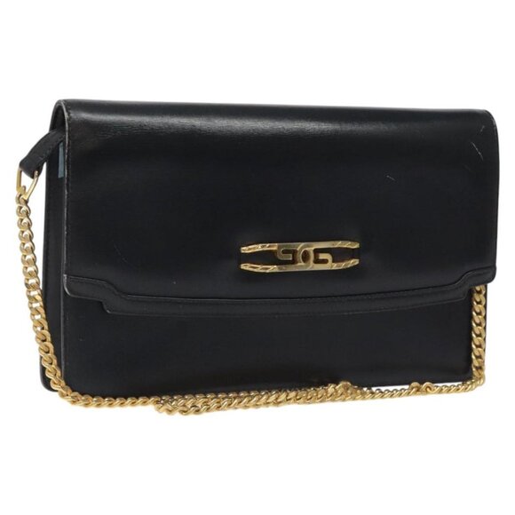 GUCCI Chain Shoulder Bag Leather Black Gold Auth 121927 - Picture 1 of 16